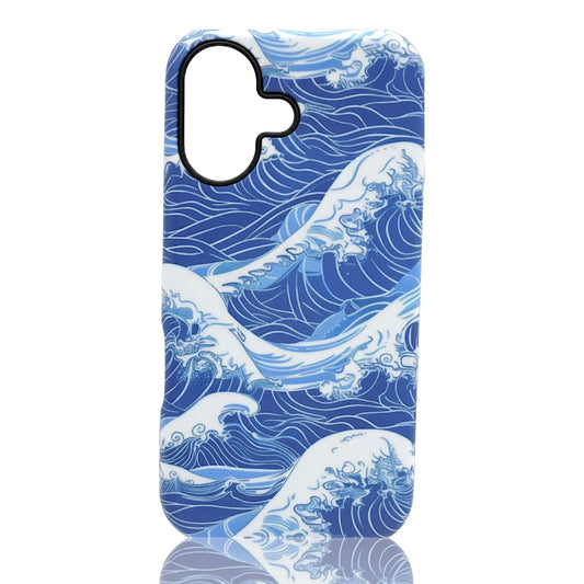 Phone case featuring stylized blue and white ocean waves in an artistic repeating pattern