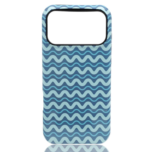 Phone case featuring alternating light and dark blue horizontal wave lines