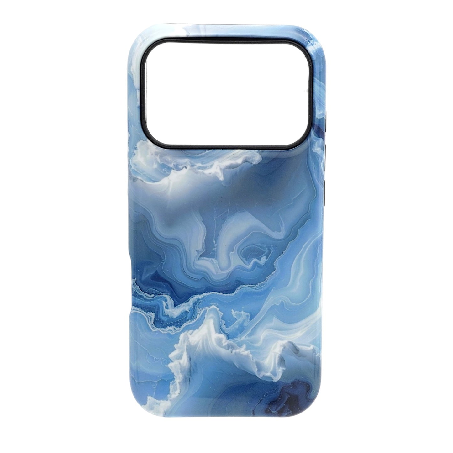 Phone case featuring a blue and white marbled swirl pattern with fluid, cloud‑like textures