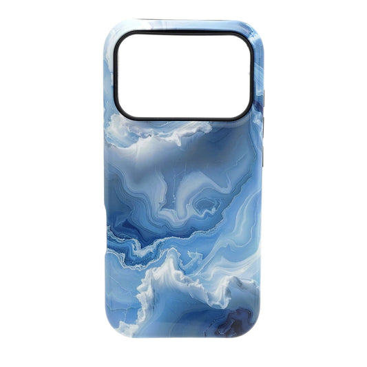 Phone case featuring a blue and white marbled swirl pattern with fluid, cloud‑like textures
