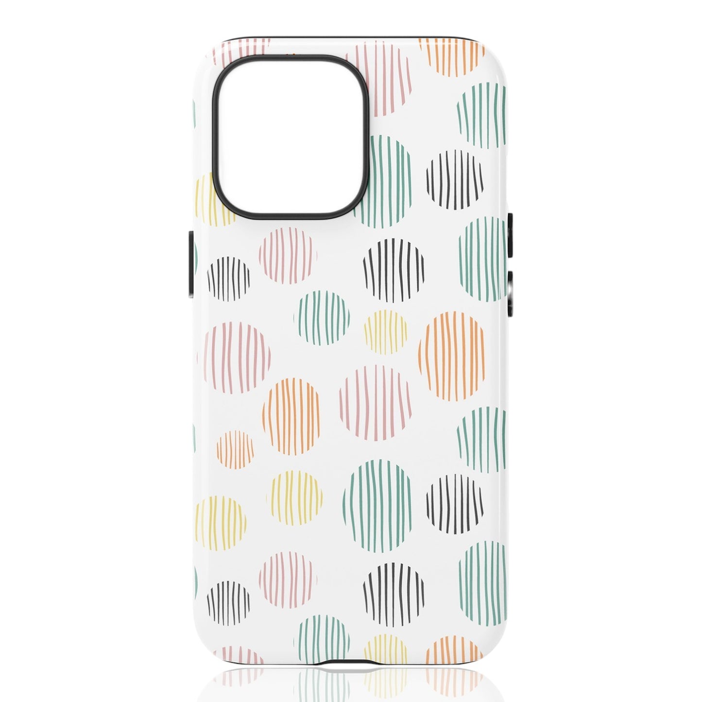Phone case featuring multicolored  geometric circles with vertical line textures on a white background