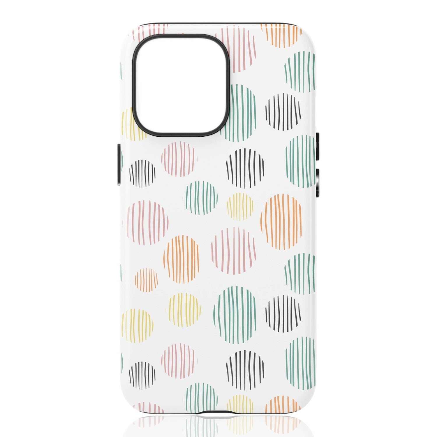 Phone case featuring multicolored  geometric circles with vertical line textures on a white background