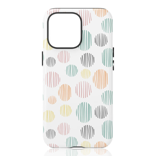 Phone case featuring multicolored  geometric circles with vertical line textures on a white background