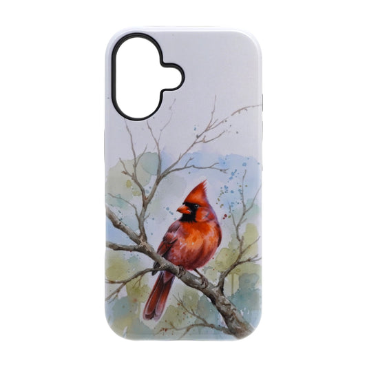 Crimson Perch cardinal watercolor phone case with vibrant red bird artwork