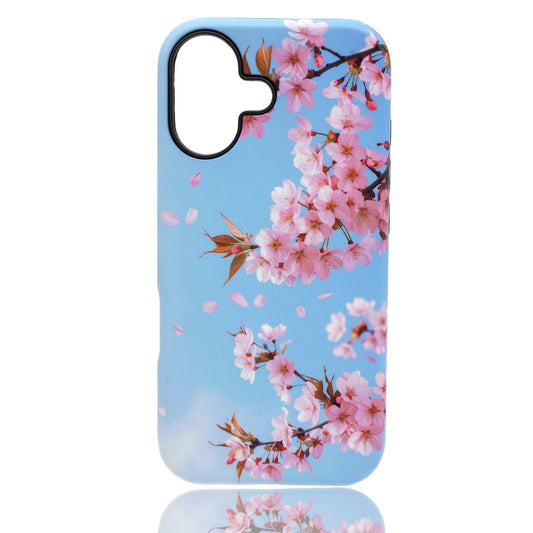 Phone case featuring pink cherry blossoms on brown branches against a light blue background