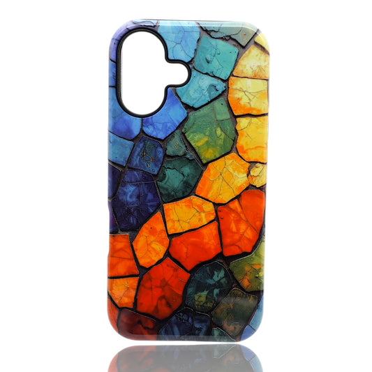 Phone case featuring a vibrant mosaic pattern with irregular colorful segments resembling stained glass