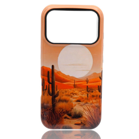 Phone case featuring orange desert dunes, cacti, and a large white sun in the background