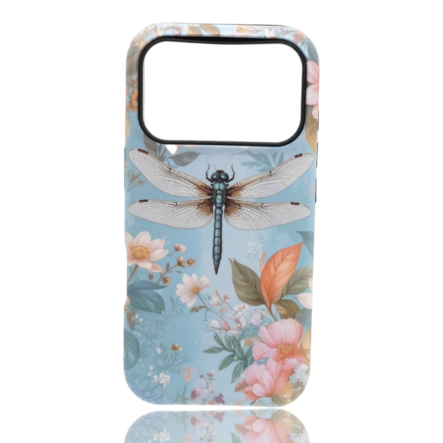 Phone case featuring a detailed dragonfly illustration with colorful floral accents on a light background
