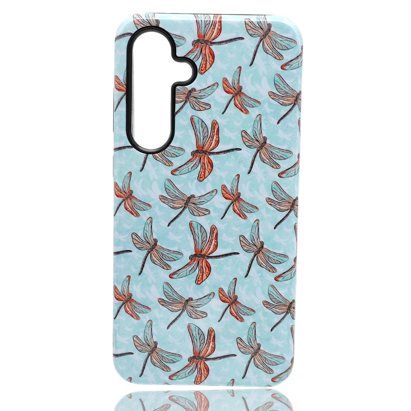 Phone case featuring a repeating dragonfly pattern in orange, brown, and light blue on a light blue background