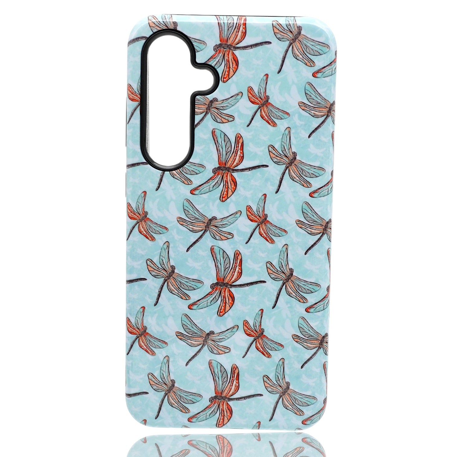 Phone case featuring a repeating dragonfly pattern in orange, brown, and light blue on a light blue background