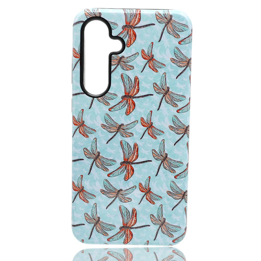Phone case featuring a repeating dragonfly pattern in orange, brown, and light blue on a light blue background