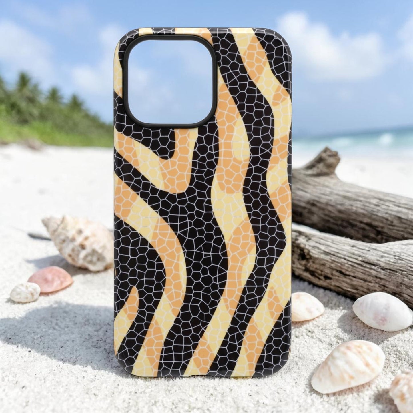 Abstract wavy mosaic stripe phone case in black, yellow, and orange tones