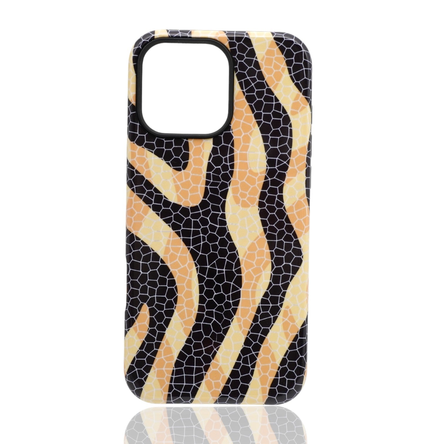 Abstract wavy mosaic stripe phone case in black, yellow, and orange tones