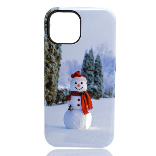 Phone case featuring a snowman with a red hat and scarf in a snowy forest scene
