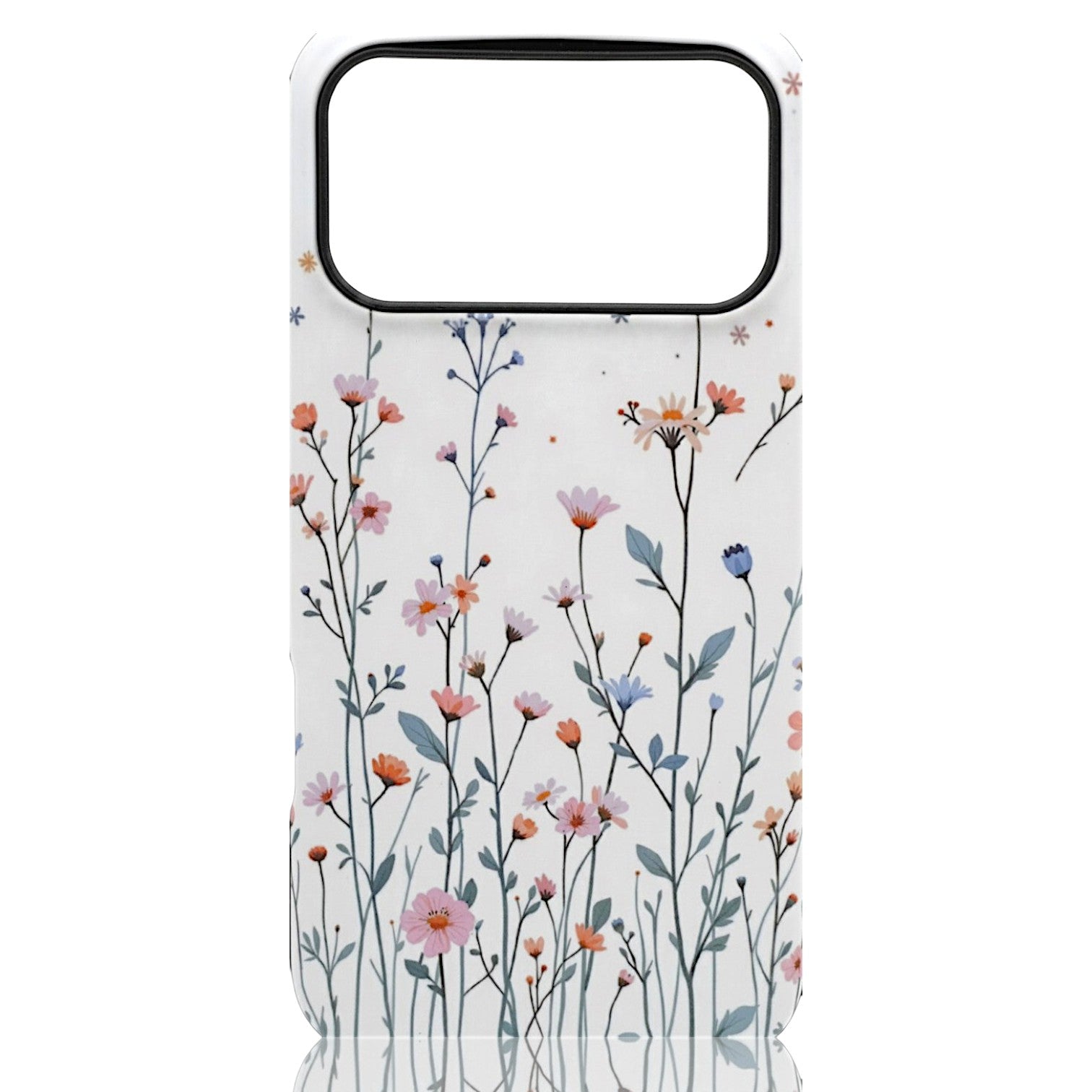 Blue and pink tiny bud wildflowers on  long stems with thin green leaves on white background in a wildflower growth motif