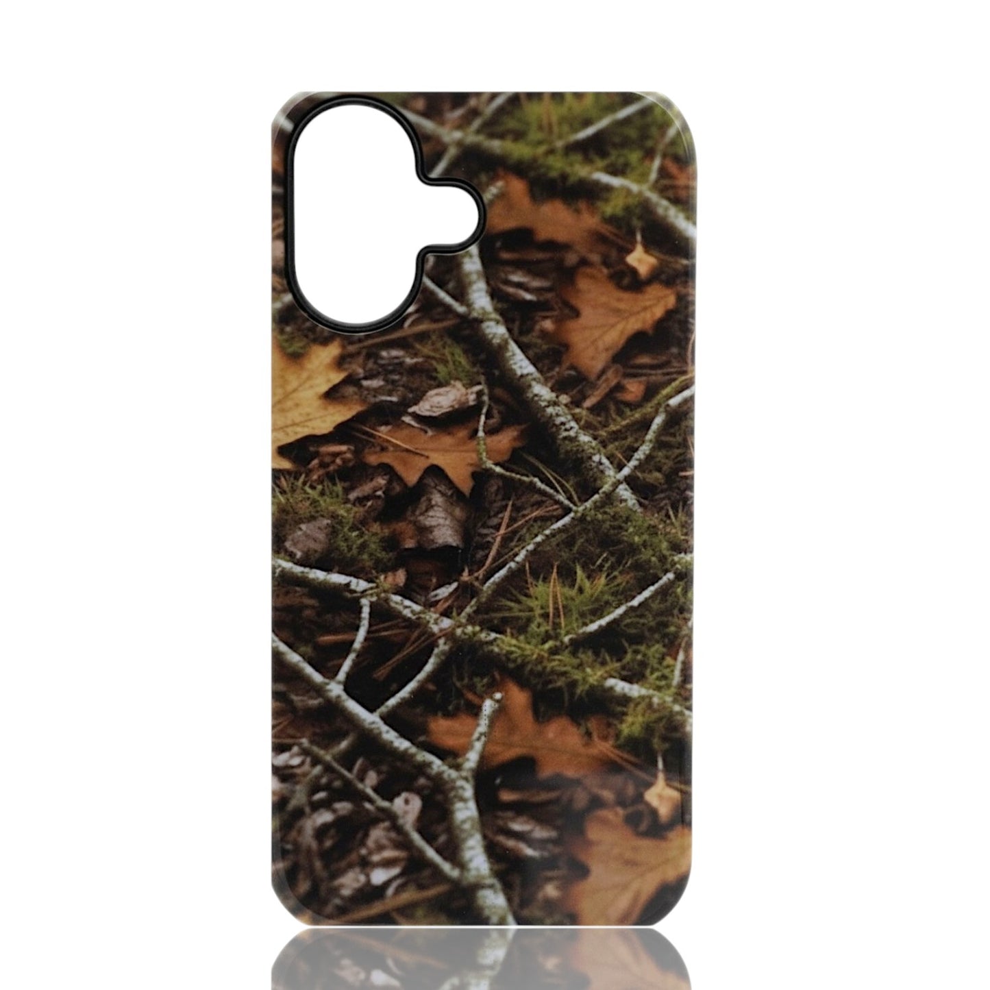 Phone case featuring a realistic forest‑floor camouflage pattern with leaves, branches, and moss