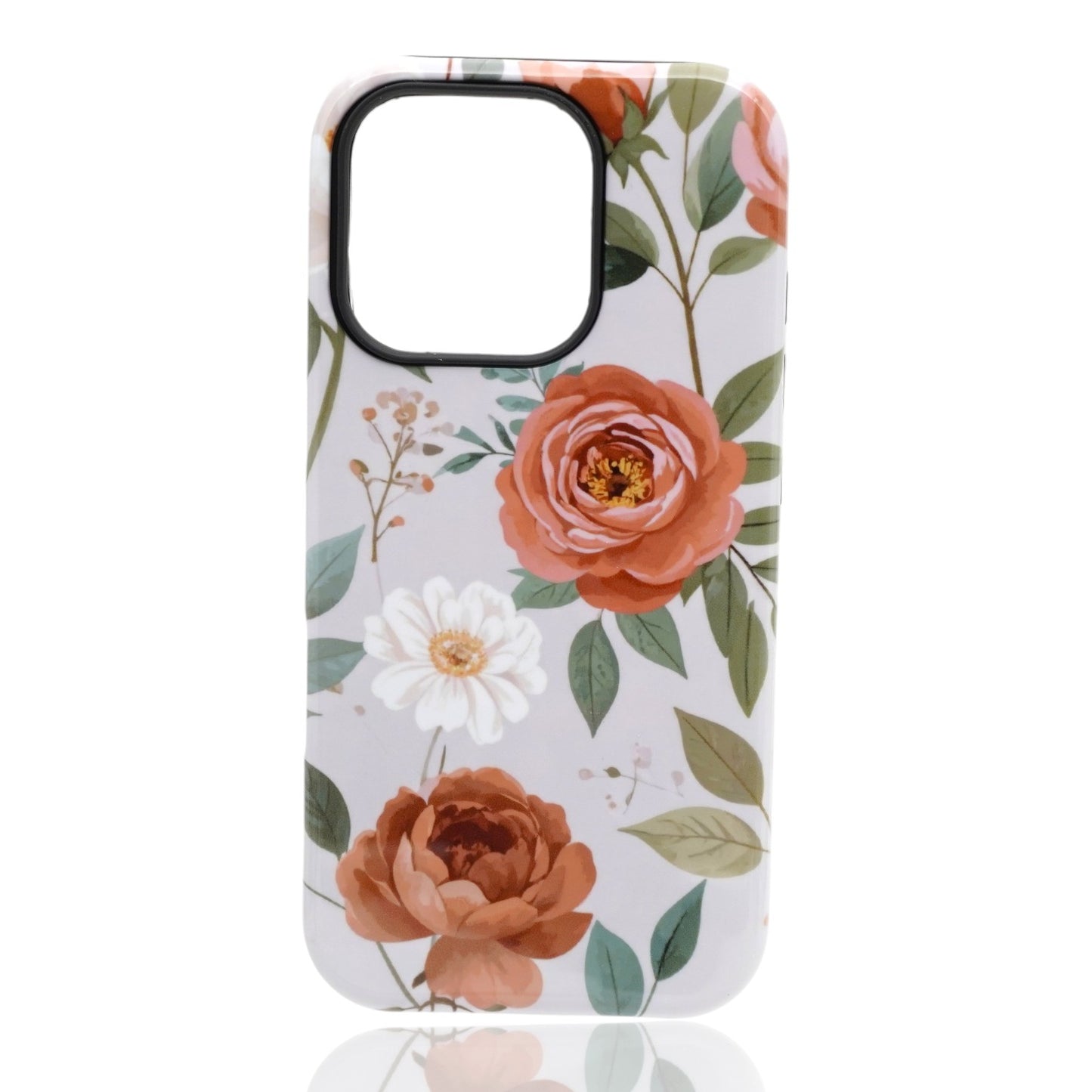 Phone case featuring large red-orange color and white color flowers with green leaves on a light background