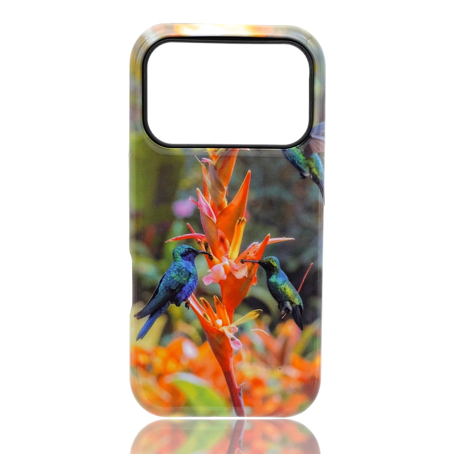 Phone case featuring colorful hummingbirds feeding from a bright tropical flower with green foliage in the background