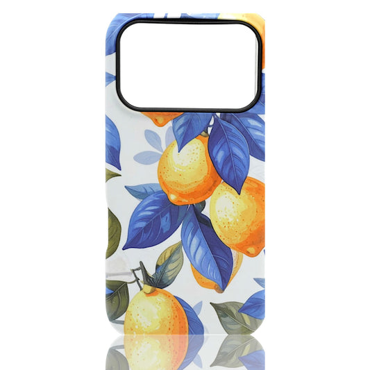 Phone case featuring a bright lemon pattern with blue leaves on a white background