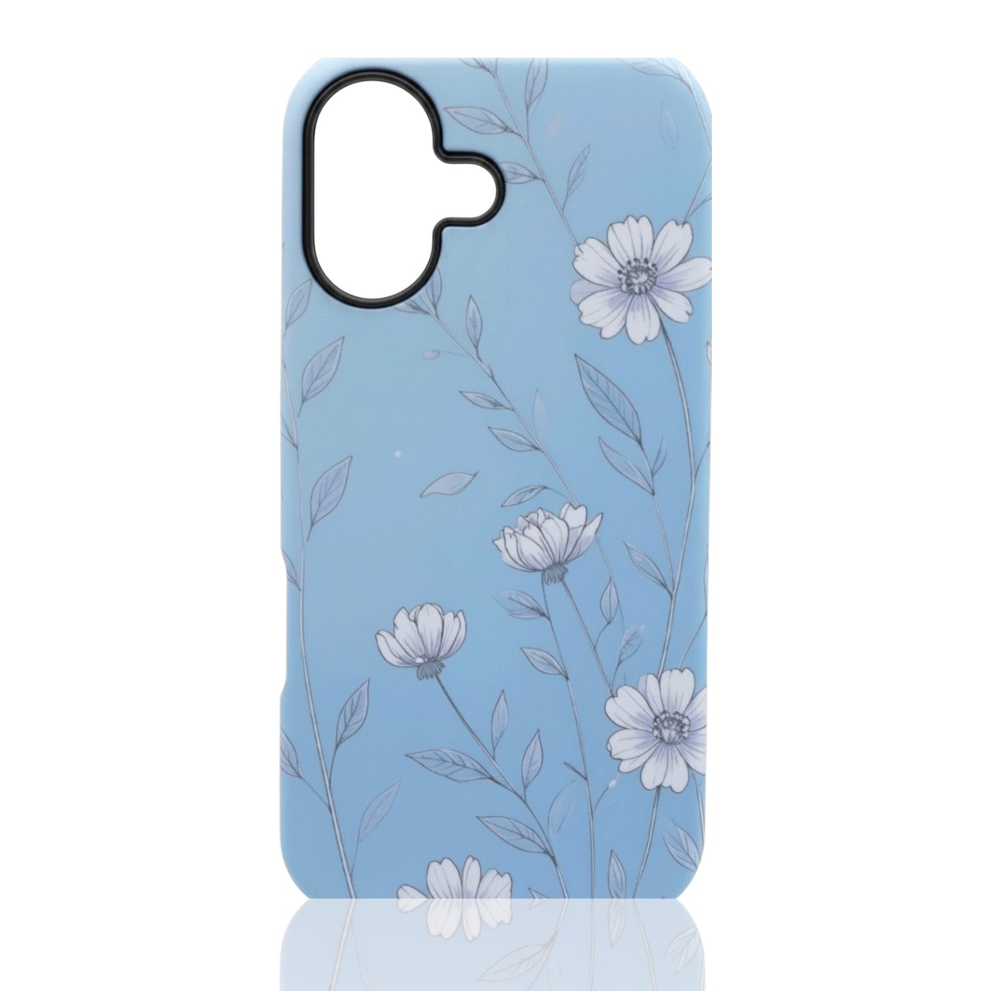 Phone case with delicate white floral line art on a soft light blue background