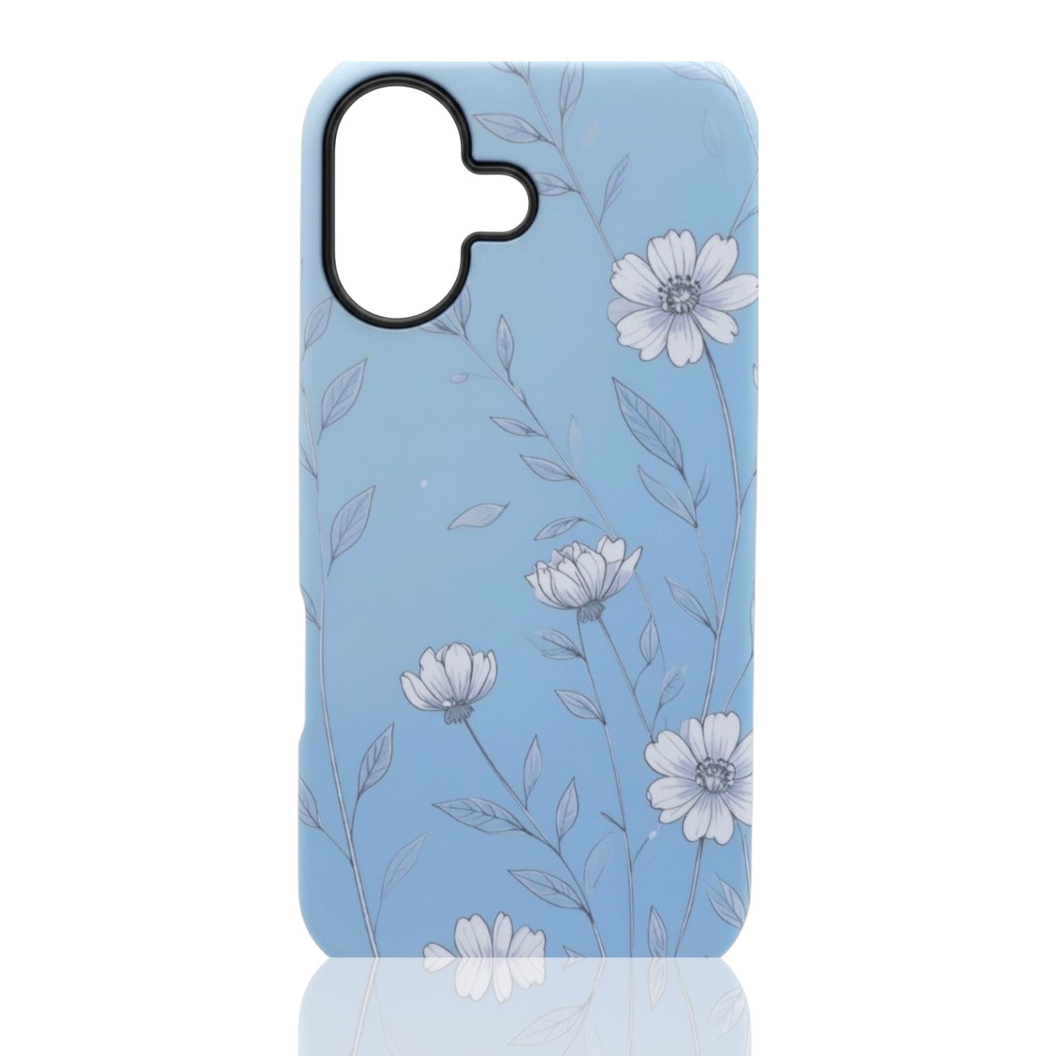 Phone case with delicate white floral line art on a soft light blue background