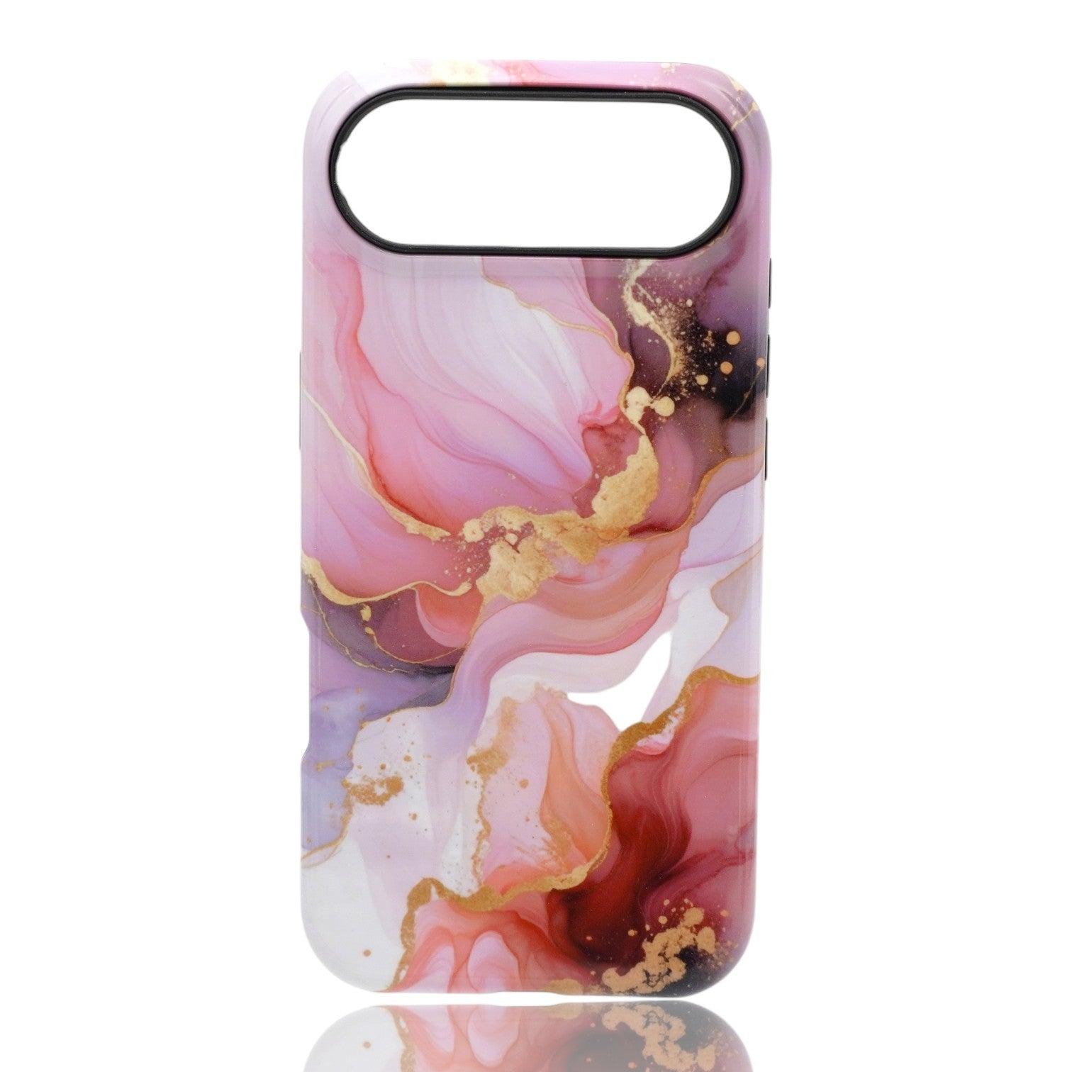Phone case featuring a pink, purple, white, and red marble swirl pattern with gold accents