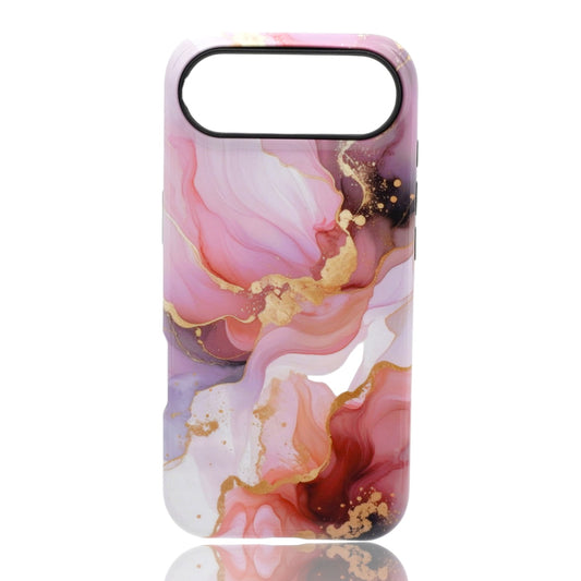 Phone case featuring a pink, purple, white, and red marble swirl pattern with gold accents