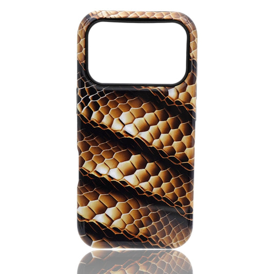 Phone case featuring a textured scale‑pattern design in warm brown, beige, and black tones