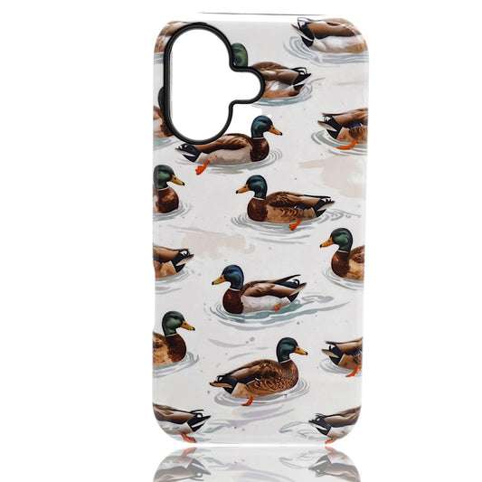Phone case featuring a repeating pattern of mallard ducks swimming on water