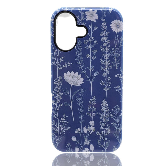 Phone case featuring a white botanical floral pattern on a deep blue background