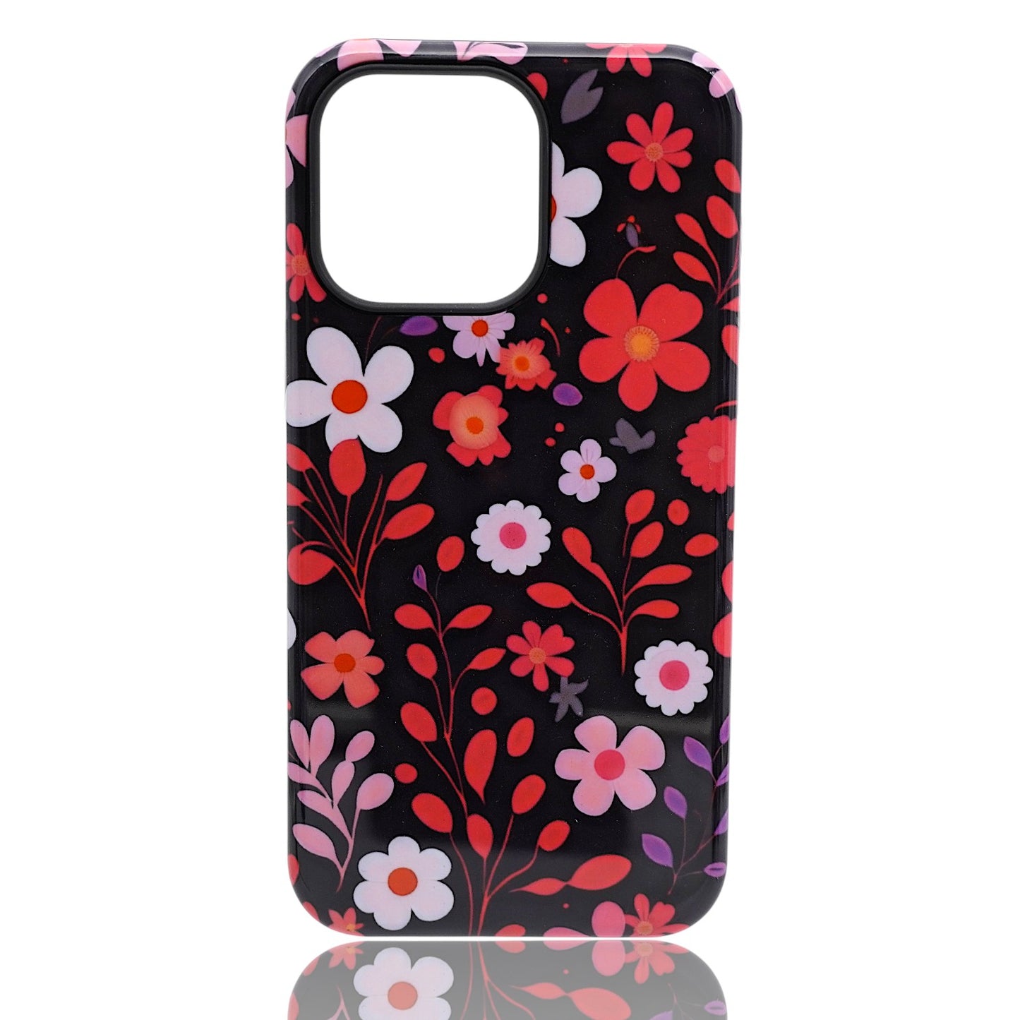 Phone case featuring colorful flowers and leaves on a black background
