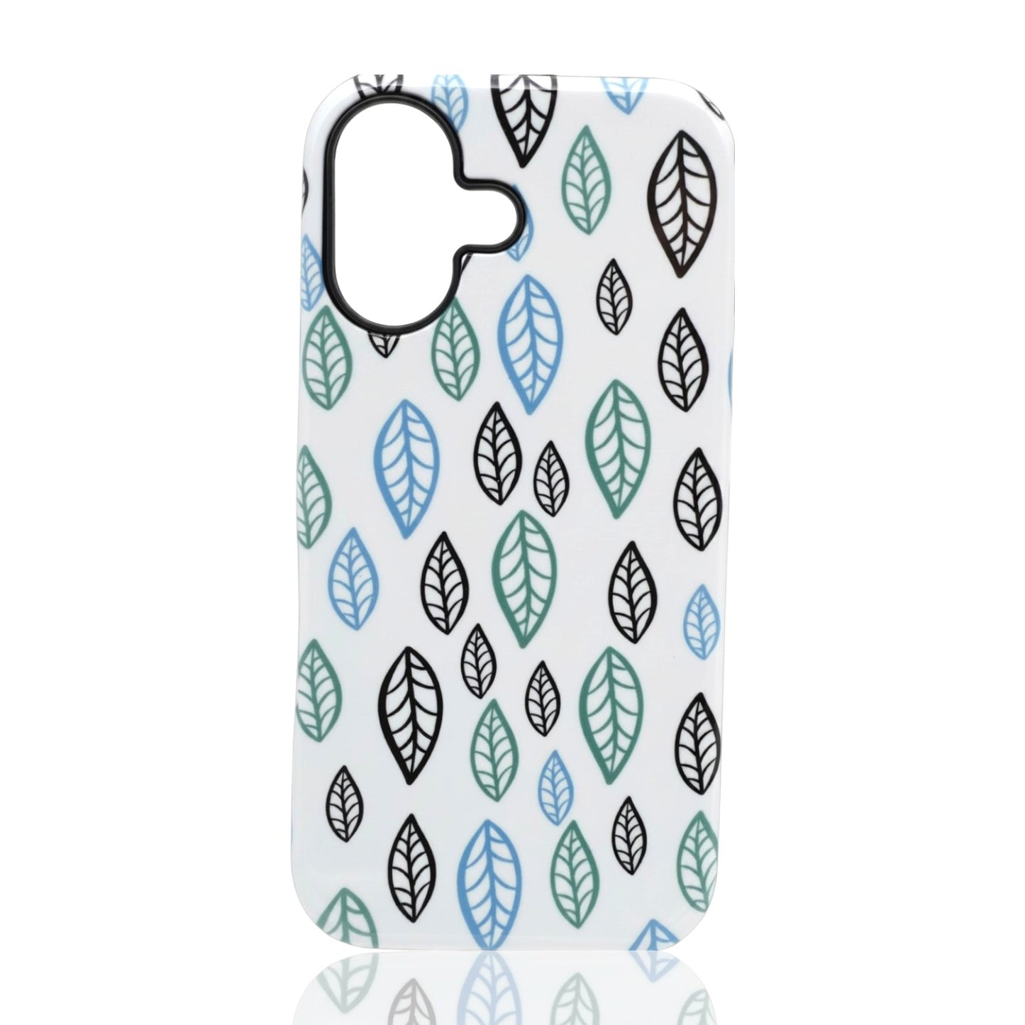Minimal leaf pattern phone case with black, blue, and green vertical leaves on a white background
