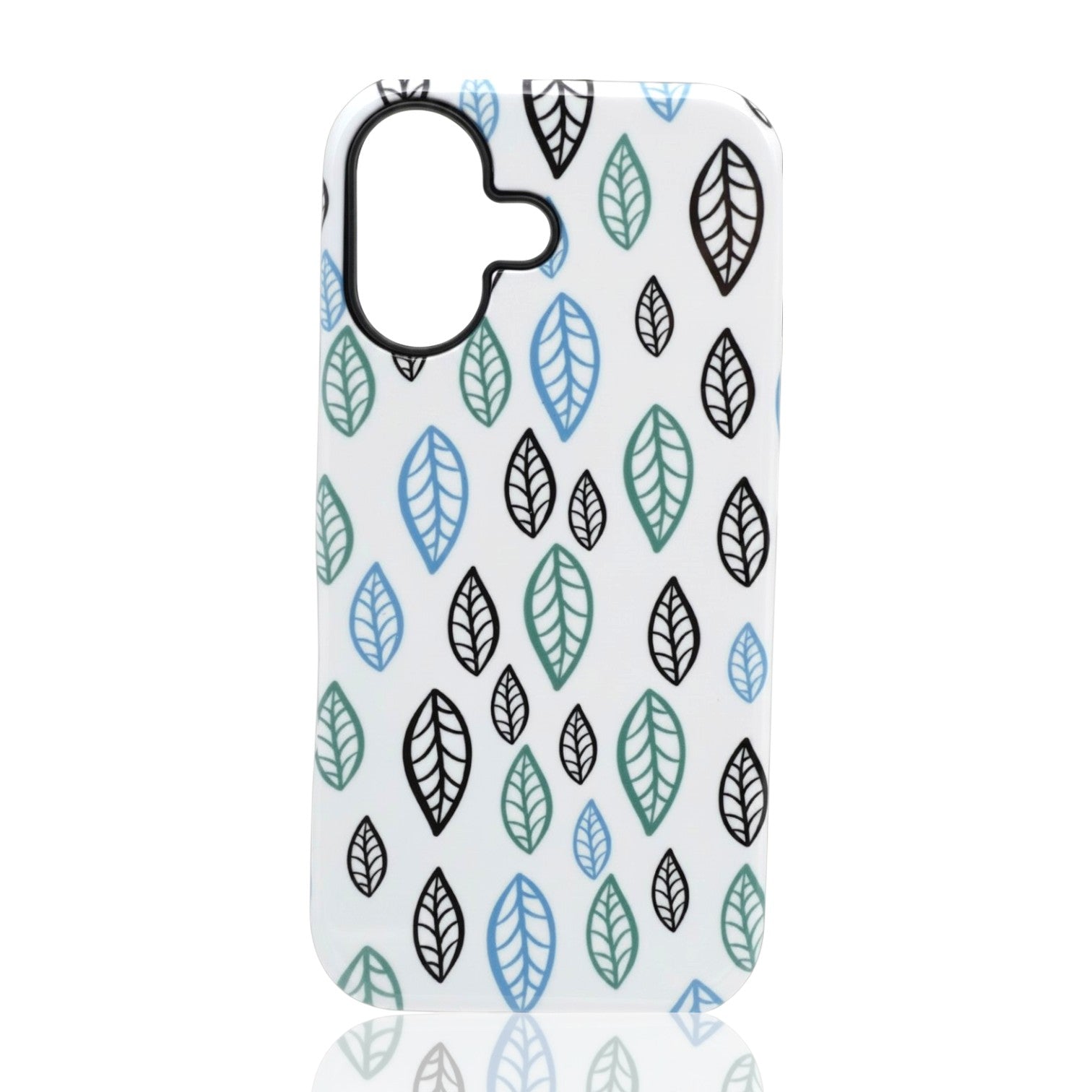 Minimal leaf pattern phone case with black, blue, and green vertical leaves on a white background