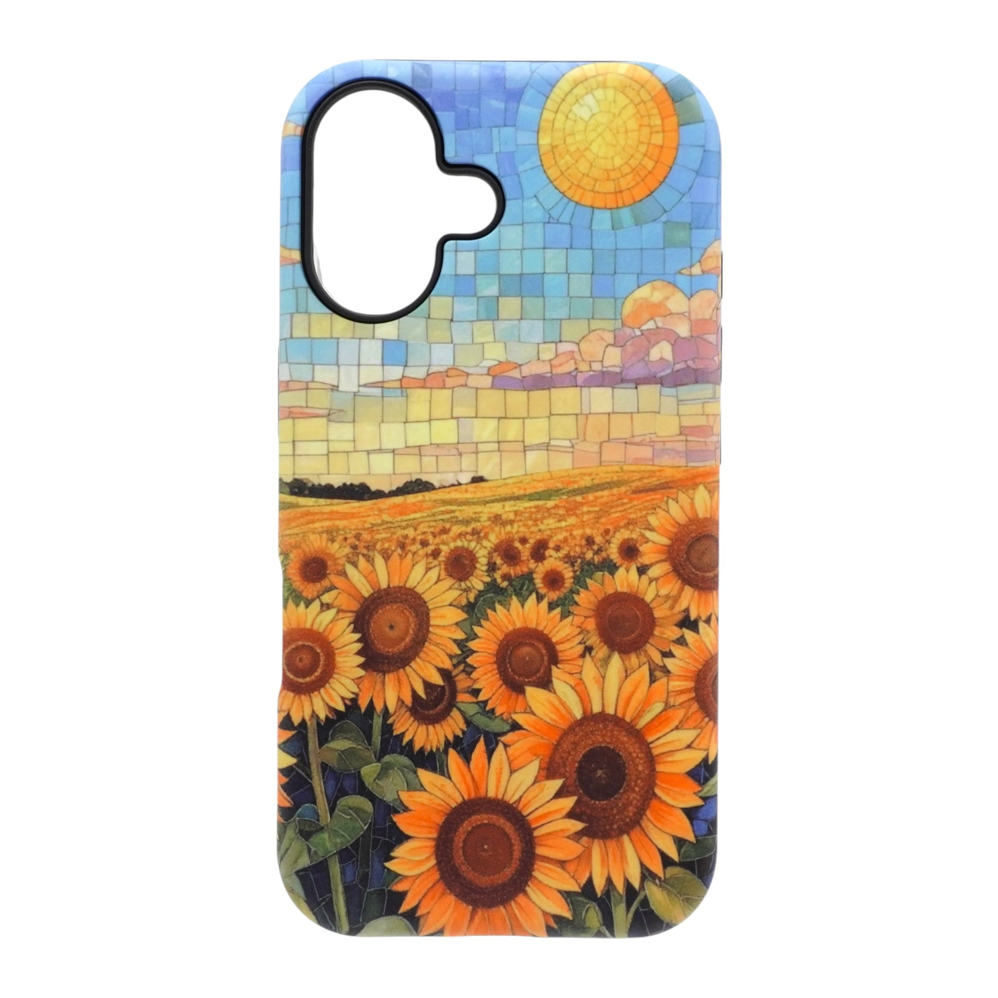 Mosaic Sunflower Field phone case with vibrant stained‑glass sunflower landscape artwork