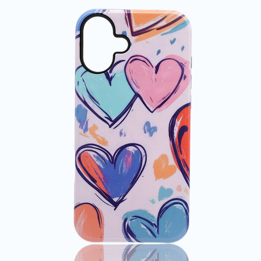 Phone case with hand‑drawn multicolor hearts in pink, blue, orange, and purple