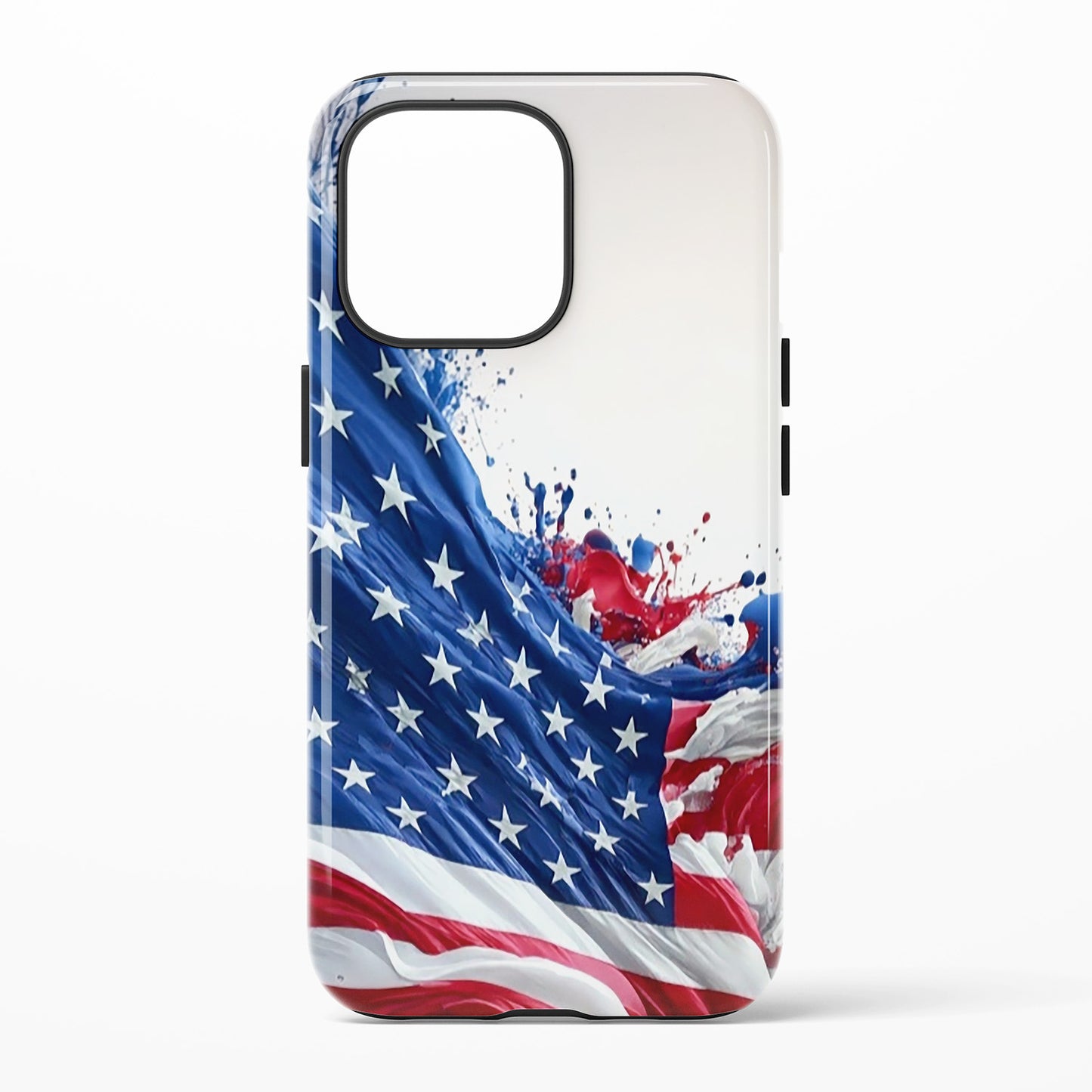 A phone case featuring a stylized waving American flag design with red, white, and blue colors and paint splatter details, shown on a light gray background.