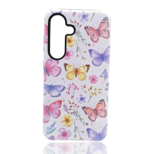 Phone case featuring colorful butterflies and small pastel flowers on a white background
