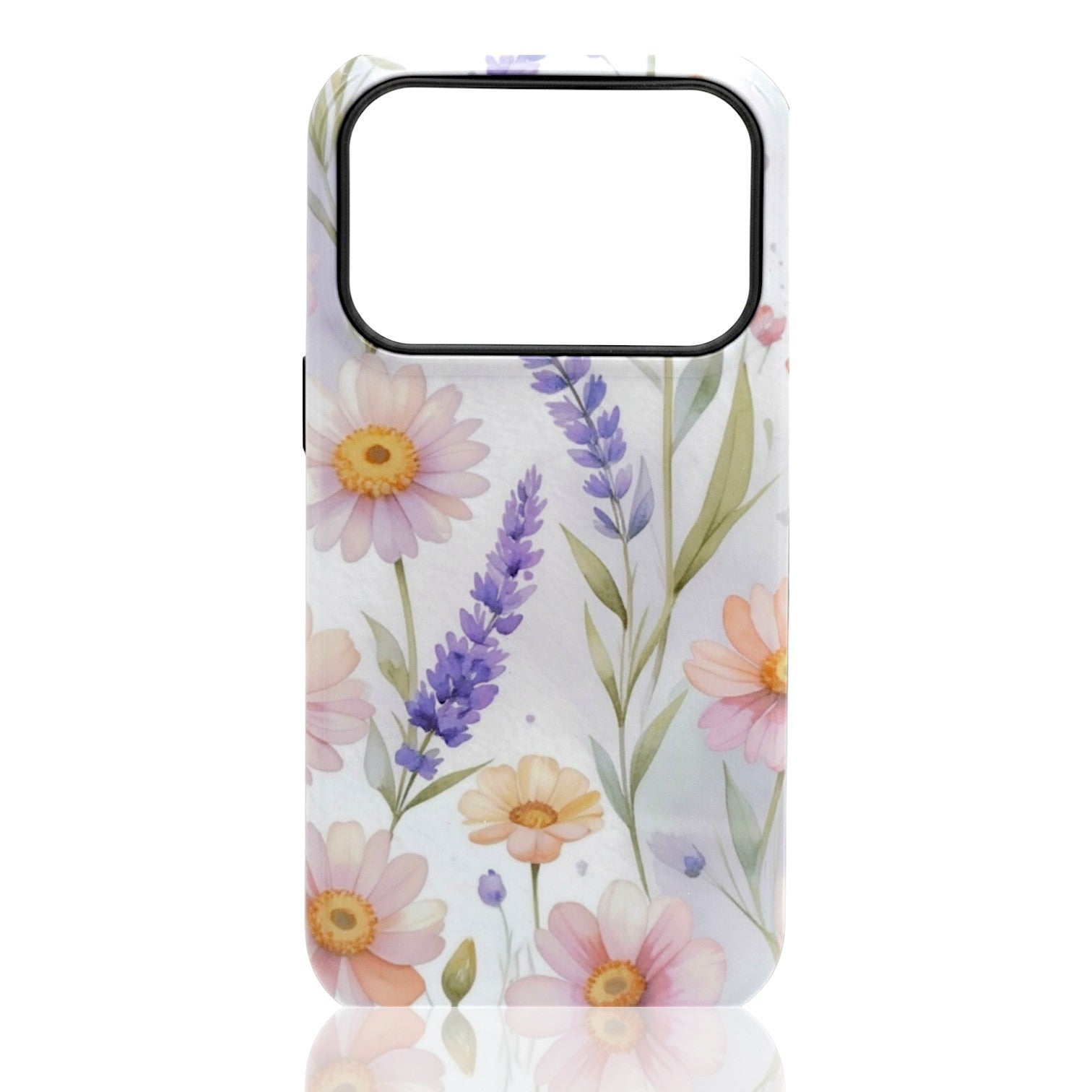 Phone case featuring pastel daisies, lavender stems, and soft greenery on a white background