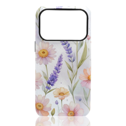 Phone case featuring pastel daisies, lavender stems, and soft greenery on a white background