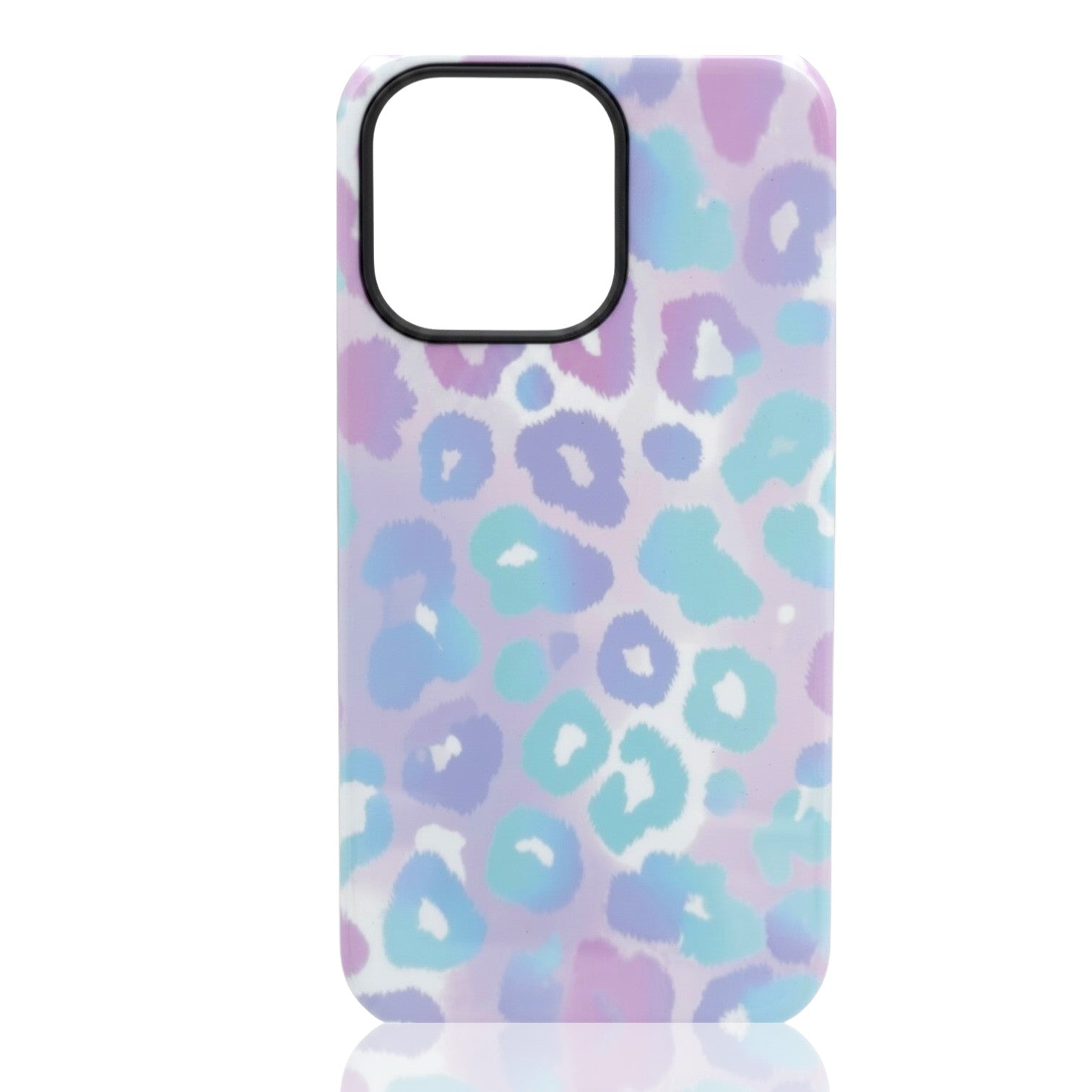 Phone case with a pastel multicolor leopard print pattern in purple, blue, and turquoise tones