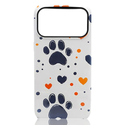 Phone case featuring dark blue paw prints, orange hearts, and scattered dots on a white background