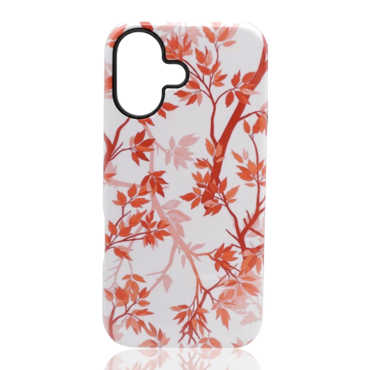 Phone case with dark and light pink rosy botanical branches and leaves on a white background similar to camo