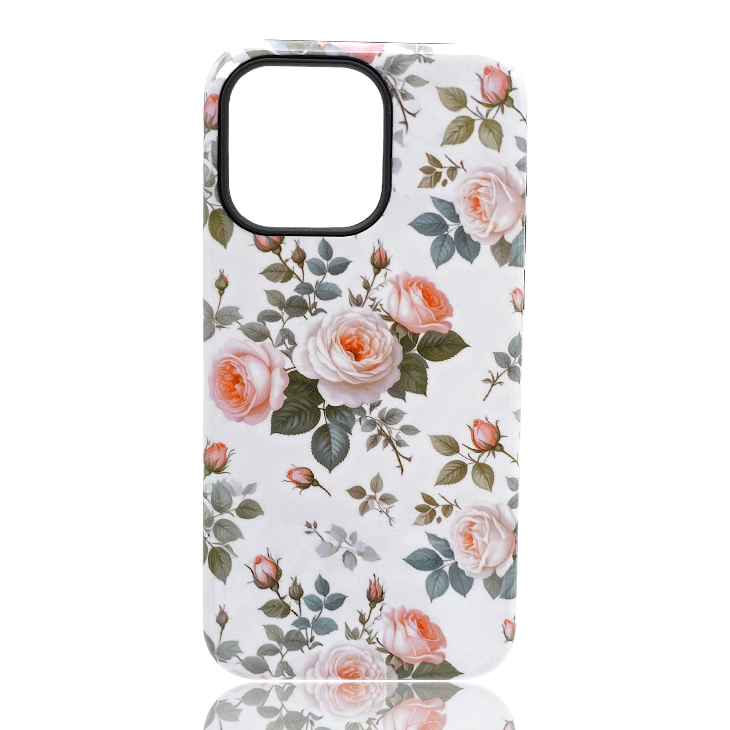 Phone case featuring pink and peach roses with green leaves on a white background