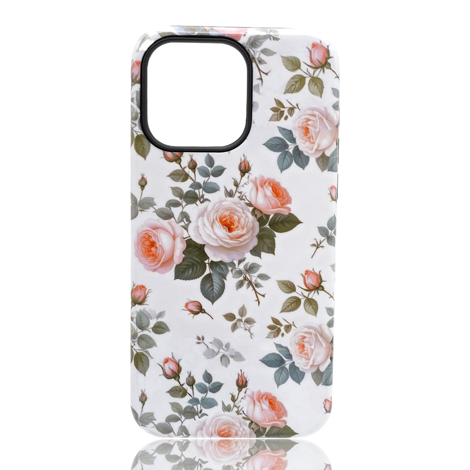 Phone case featuring pink and peach roses with green leaves on a white background