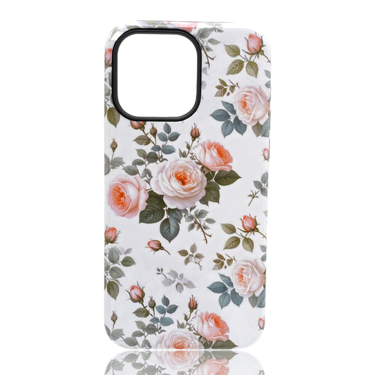 Phone case featuring pink and peach roses with green leaves on a white background