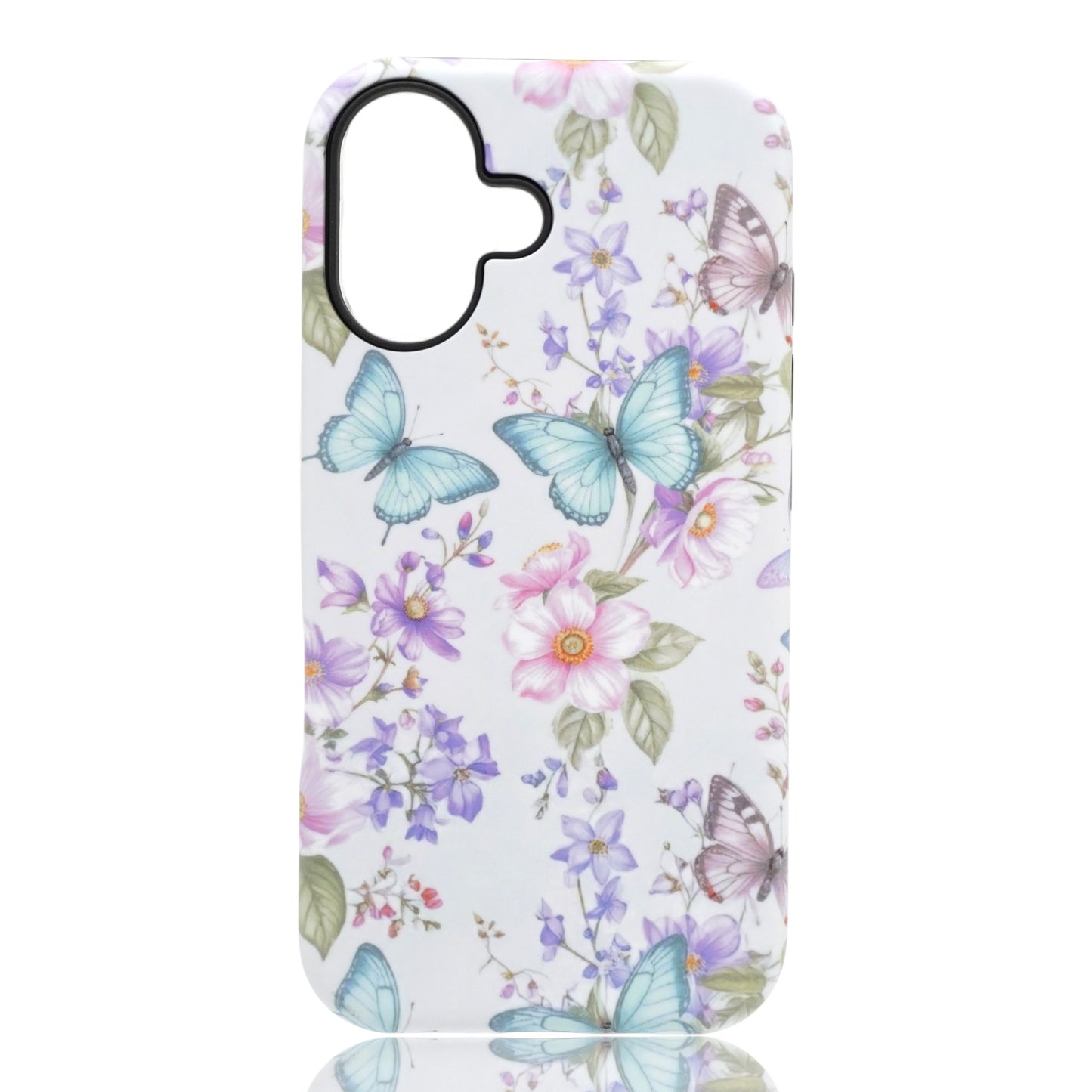 Phone case with floral and butterfly design on a white background