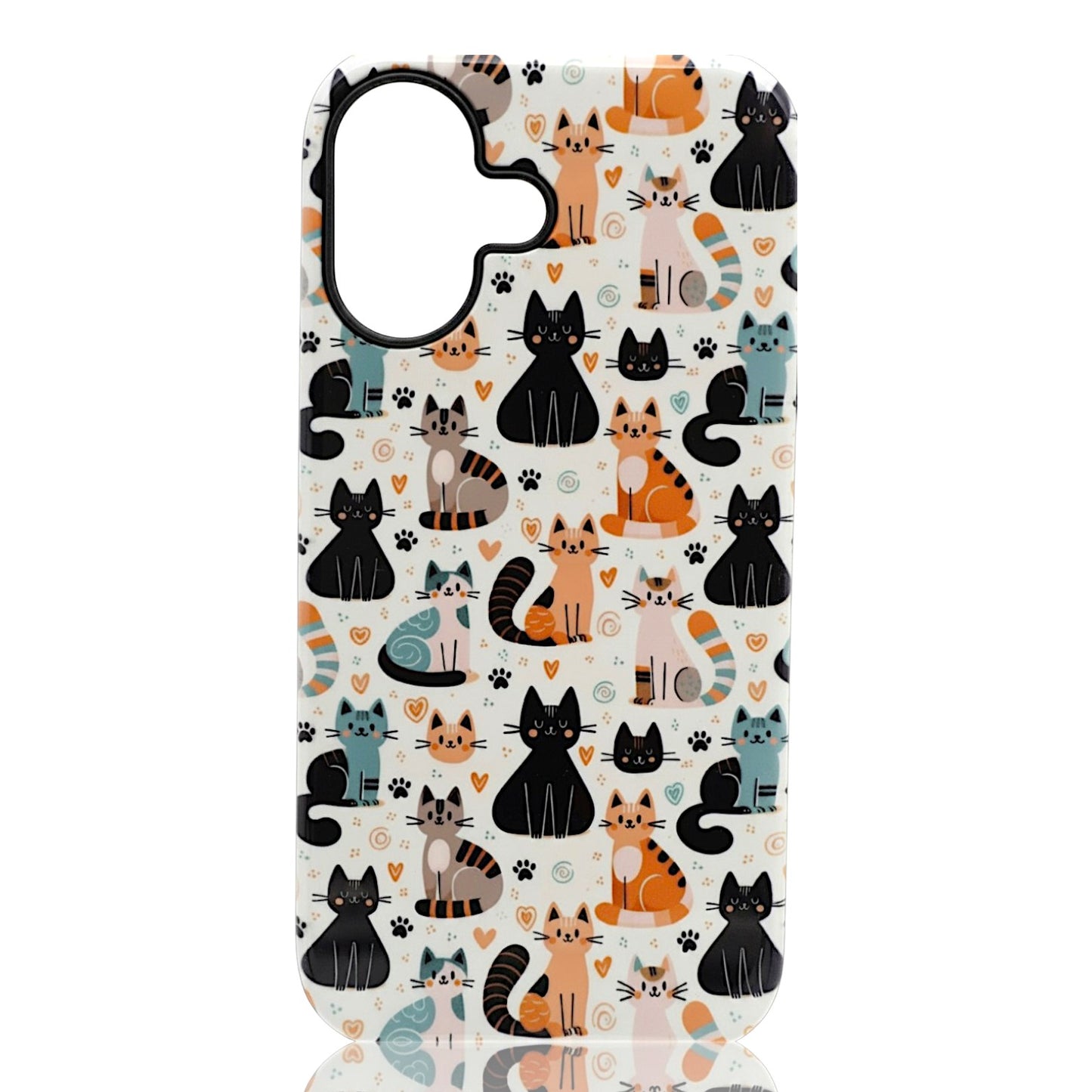 Phone case featuring colorful cartoon cats with hearts and paw prints in a repeating pattern