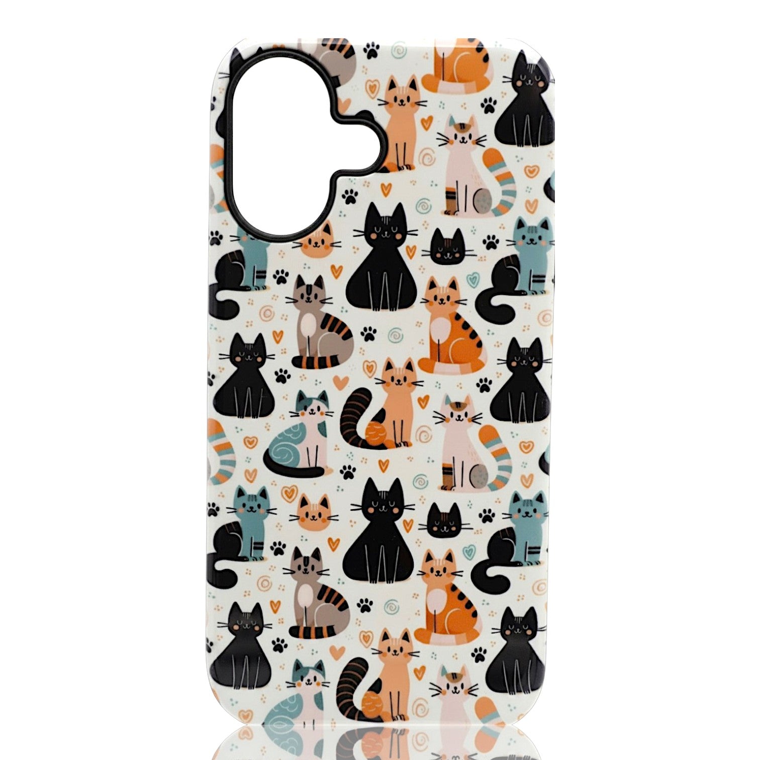 Phone case featuring colorful cartoon cats with hearts and paw prints in a repeating pattern