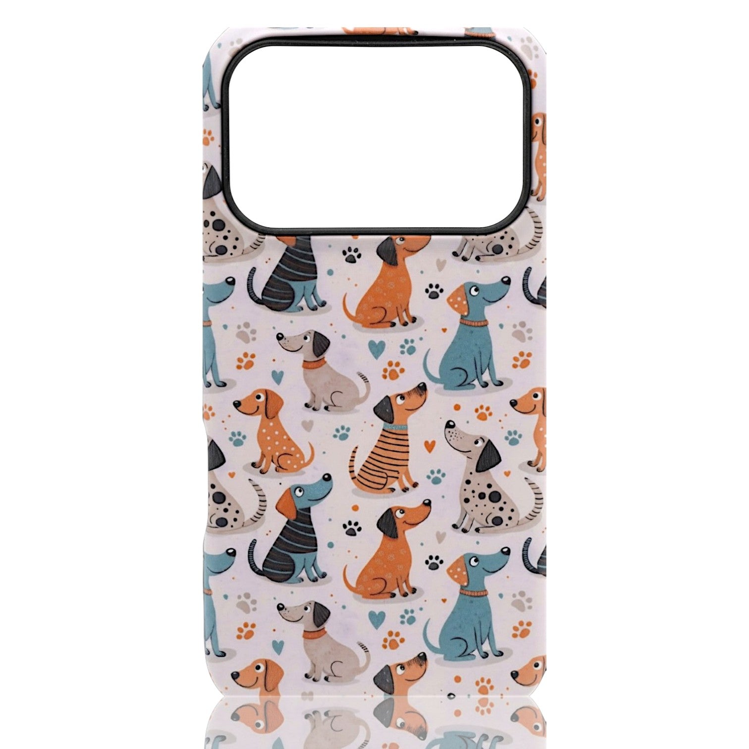 Phone case featuring colorful cartoon dogs with hearts and paw prints in a repeating pattern