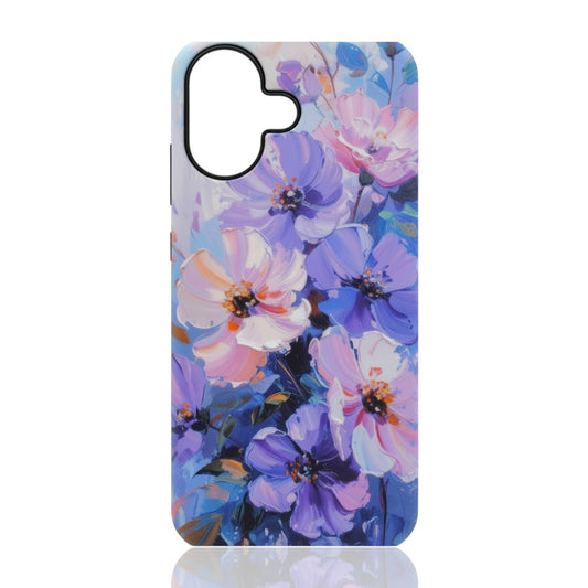 Phone case featuring large purple, pink, and violet flowers with green leaves on a light background
